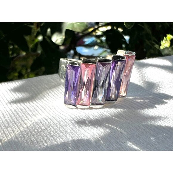 Stunning Sterling Silver 925 Ring With Pink & Purple Gradient Baguette Stones .5 - Picture 2 of 11